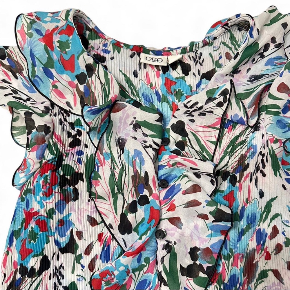 Cato Women's Vibrant Floral Ruffle Blouse - Blue, Red, Green